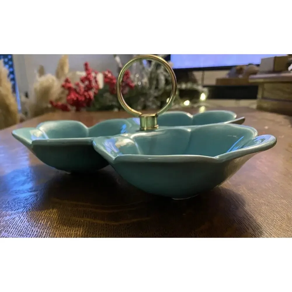 Vintage Teal Blue California Pottery 502 Divided Flower Dish Center Gold Handle